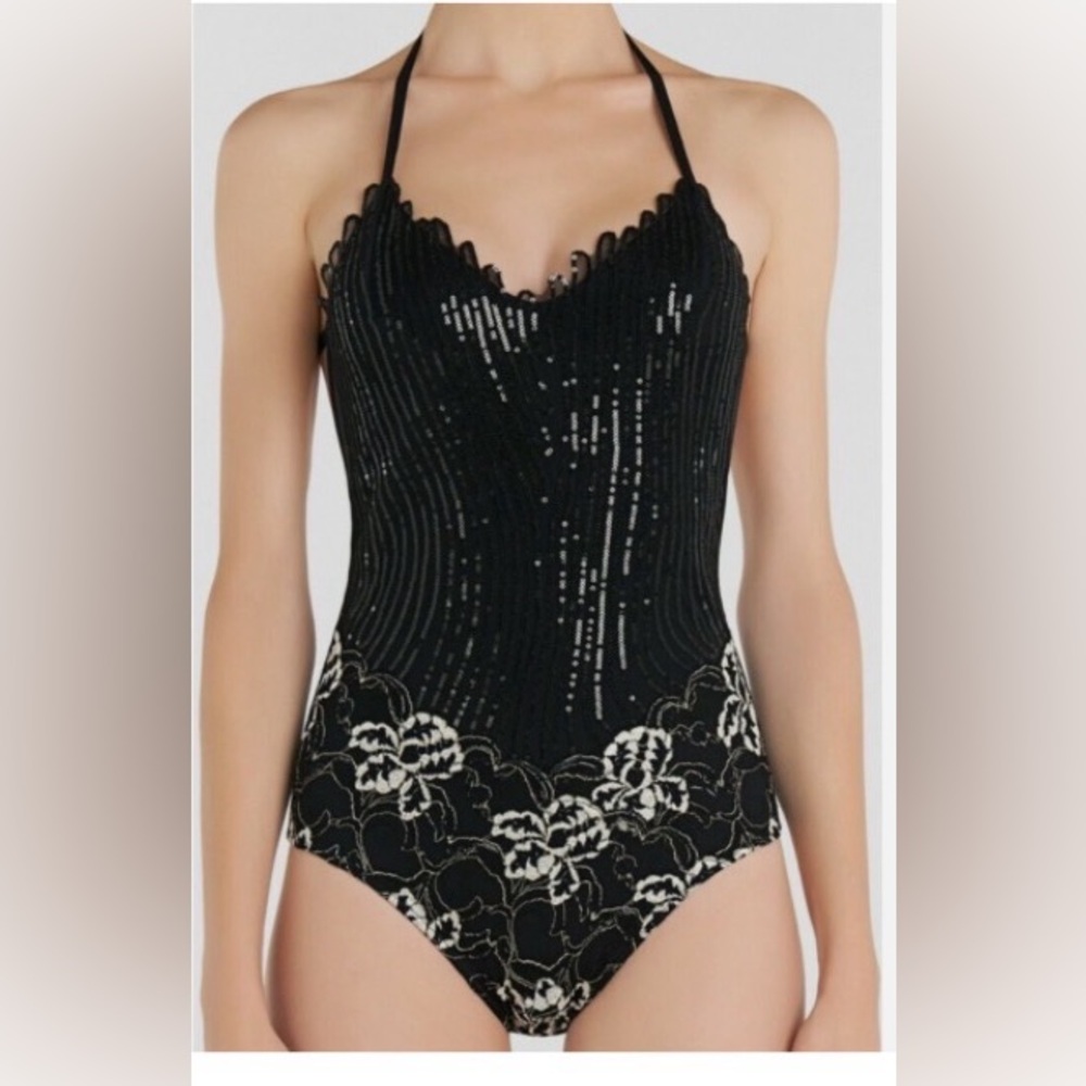 La Perla Black Magic leavers sequined soutache lace one piece swimsuit sz.32B